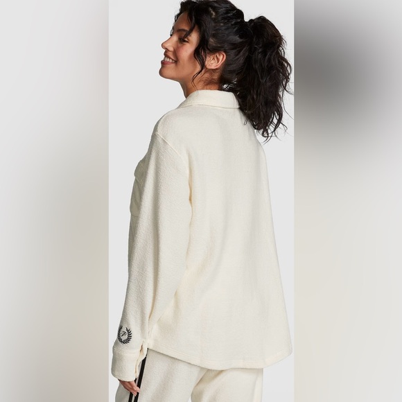 Pink Victoria Secret Cream Reverse Fleece Shacket Long Sleeve Shirt Top XL NWT - Picture 8 of 10